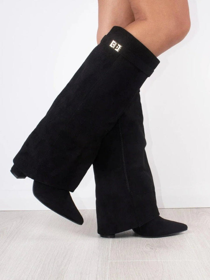 Women's over the knee boots with pointed toes, low block heels, side zippers and metallic upper trim