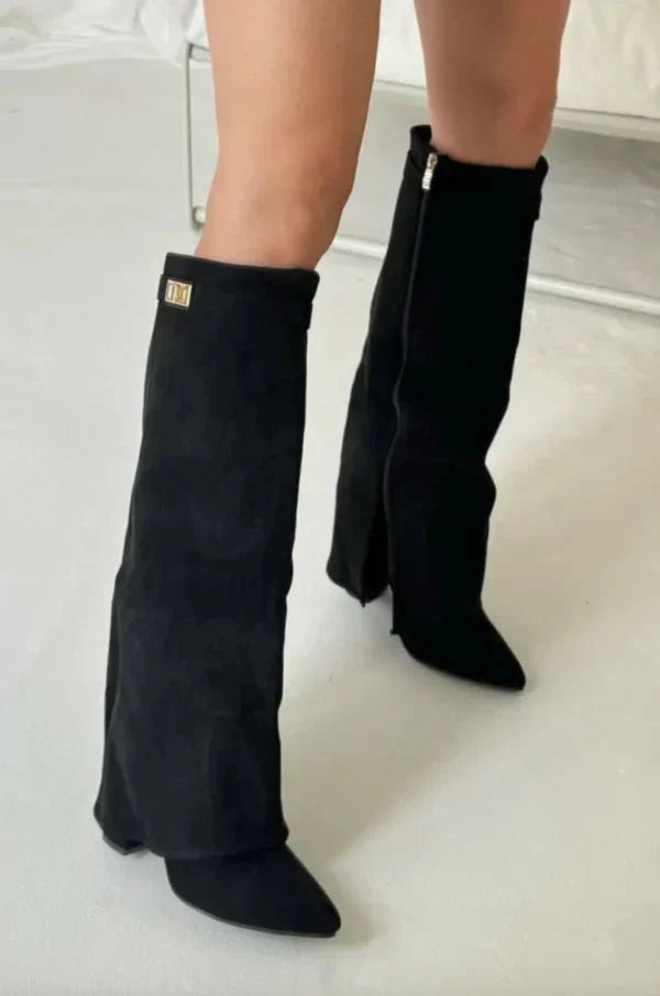 Women's knee-high pointed toe boots with block heel and buckle detail