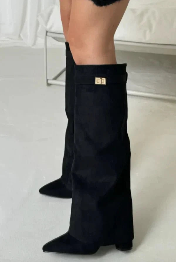Women's knee-high pointed toe boots with block heel and buckle detail