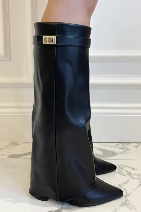 Women's knee-high pointed toe boots with block heel and buckle detail