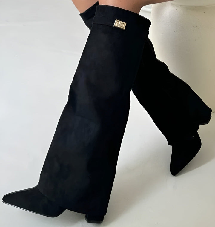 Women's knee-high pointed toe boots with block heel and buckle detail