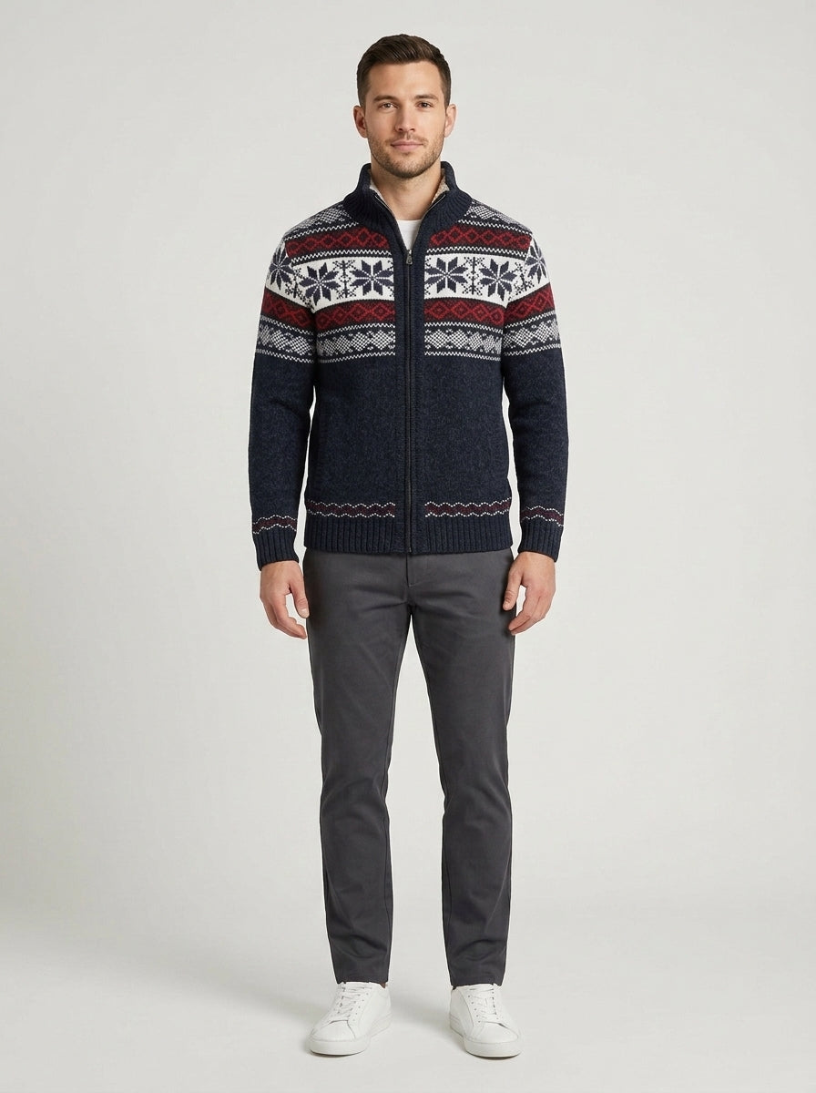 Men's zip-up cardigan with Nordic geometric pattern, stand collar and long sleeves