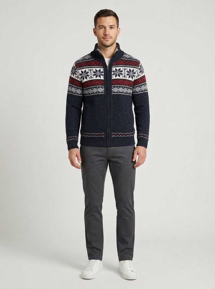 Men's zip-up cardigan with Nordic geometric pattern, stand collar and long sleeves