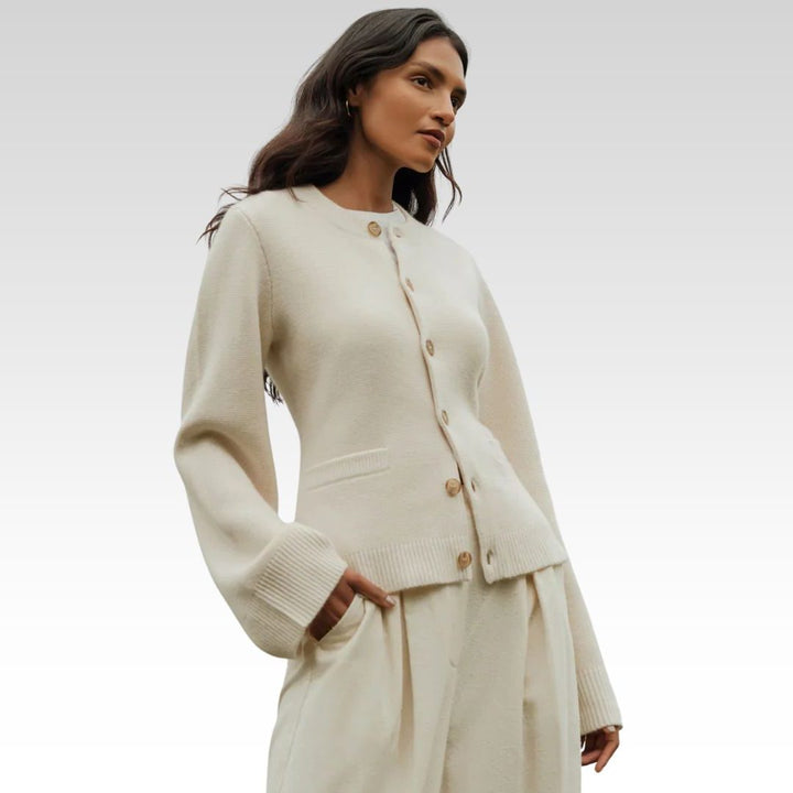 Women's crew neck knit cardigan with button front and long sleeves