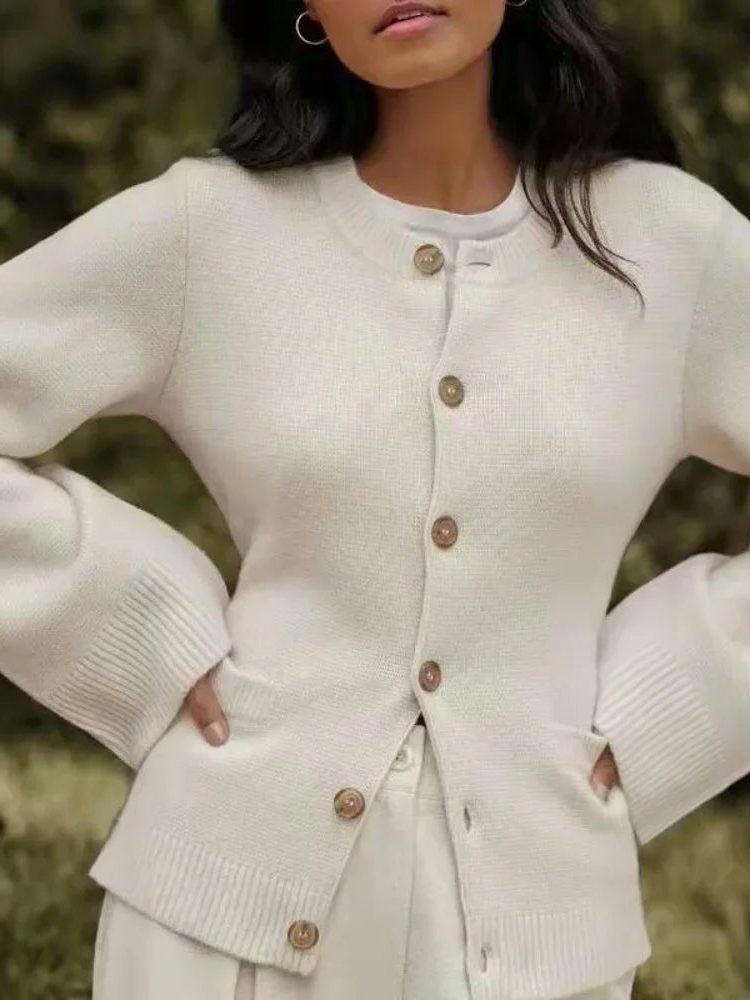 Women's beige crew neck knit cardigan with buttons and ribbed trims