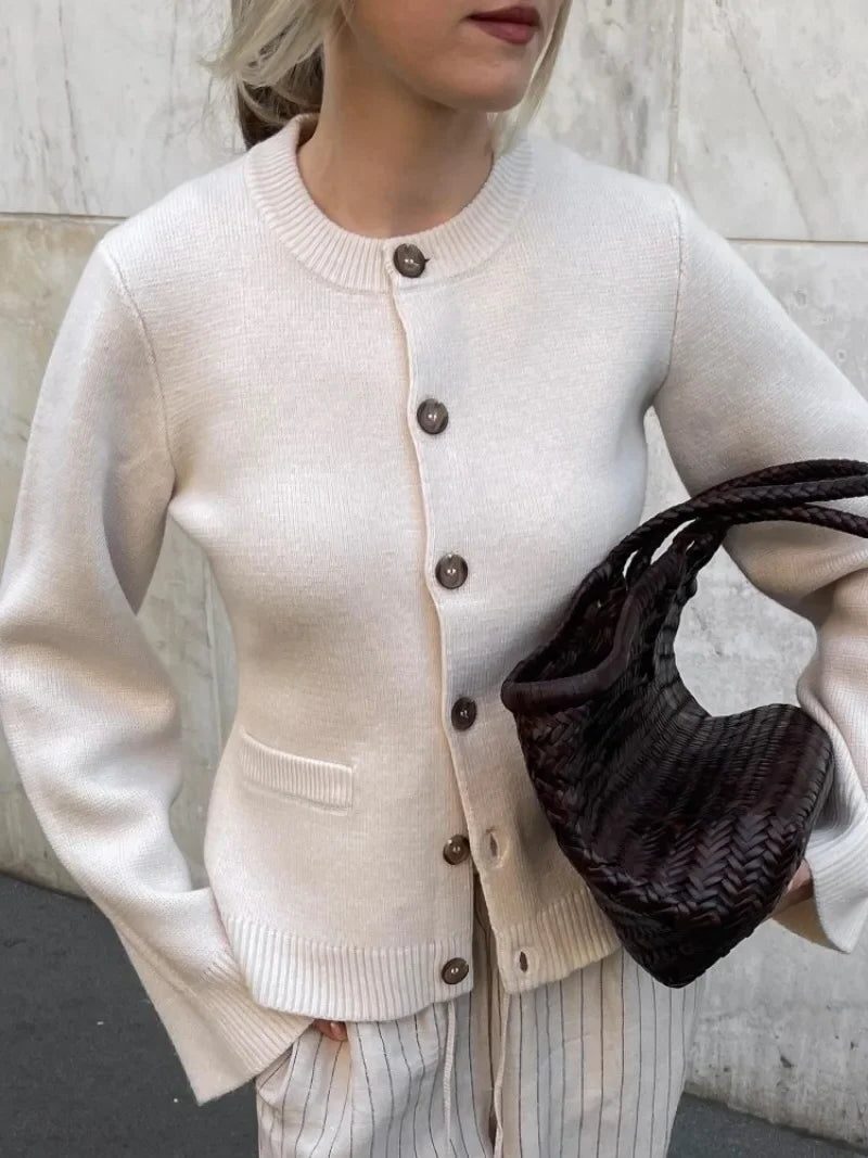 Women's beige crew neck knit cardigan with buttons and ribbed trims