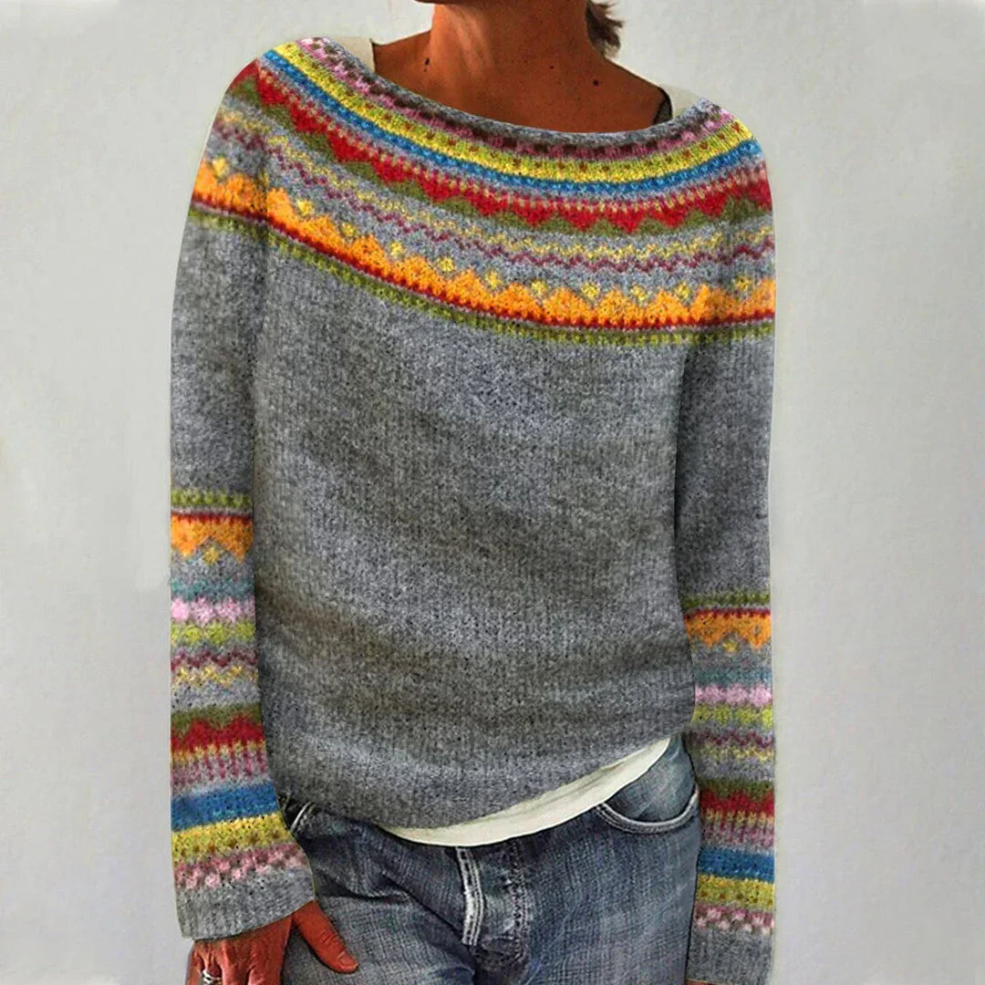 Women's Nordic Pattern Relaxed Fit Sweater in Grey/Rainbow | Bellmere