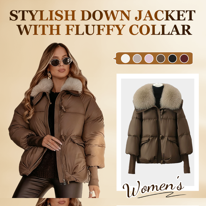 Women's cropped puffer jacket with plush collar and long sleeves