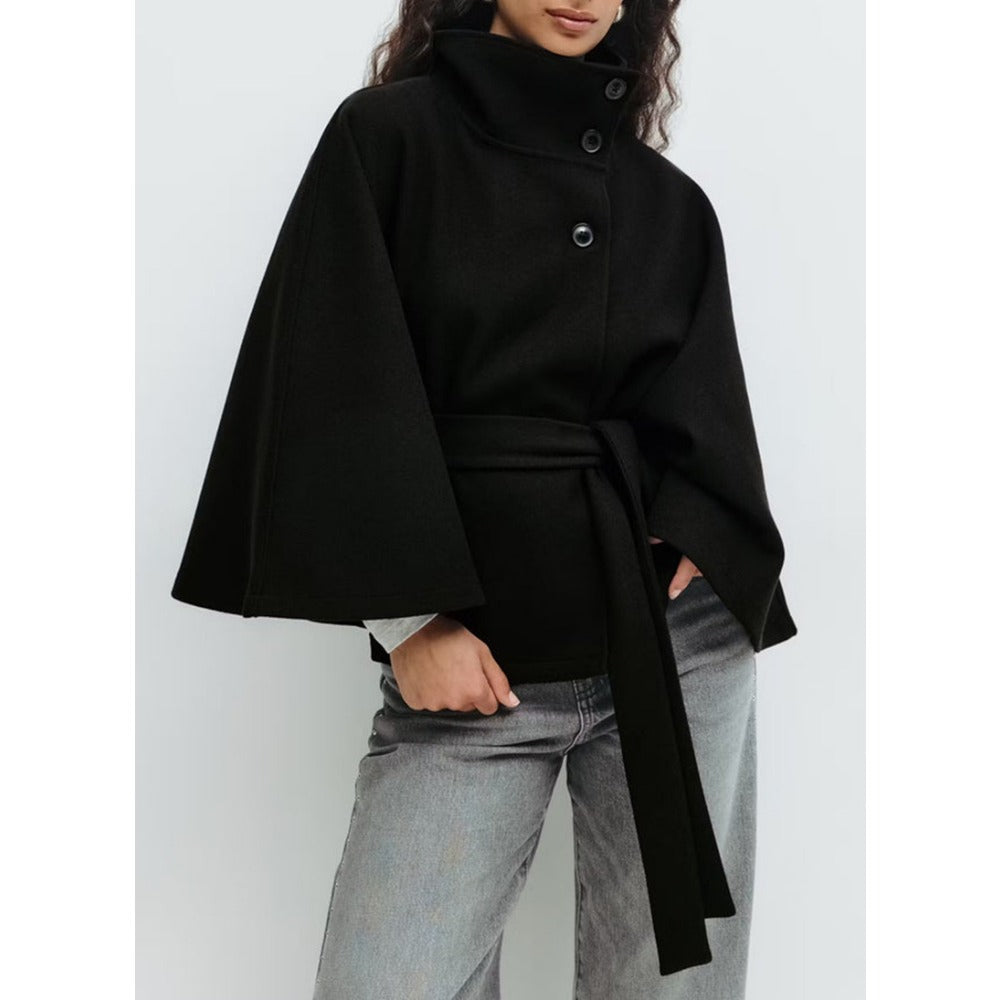 Women's belted cape coat with high collar and button front