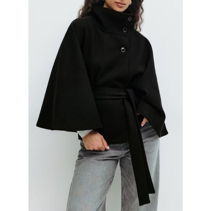 Women's belted cape coat with high collar and button front
