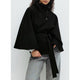Women's belted cape coat with high collar and button front