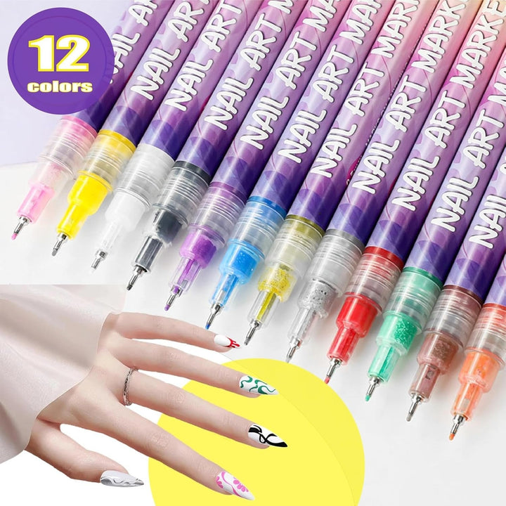 Set of 12 colourful water-based nail art pens with fine tips and storage box