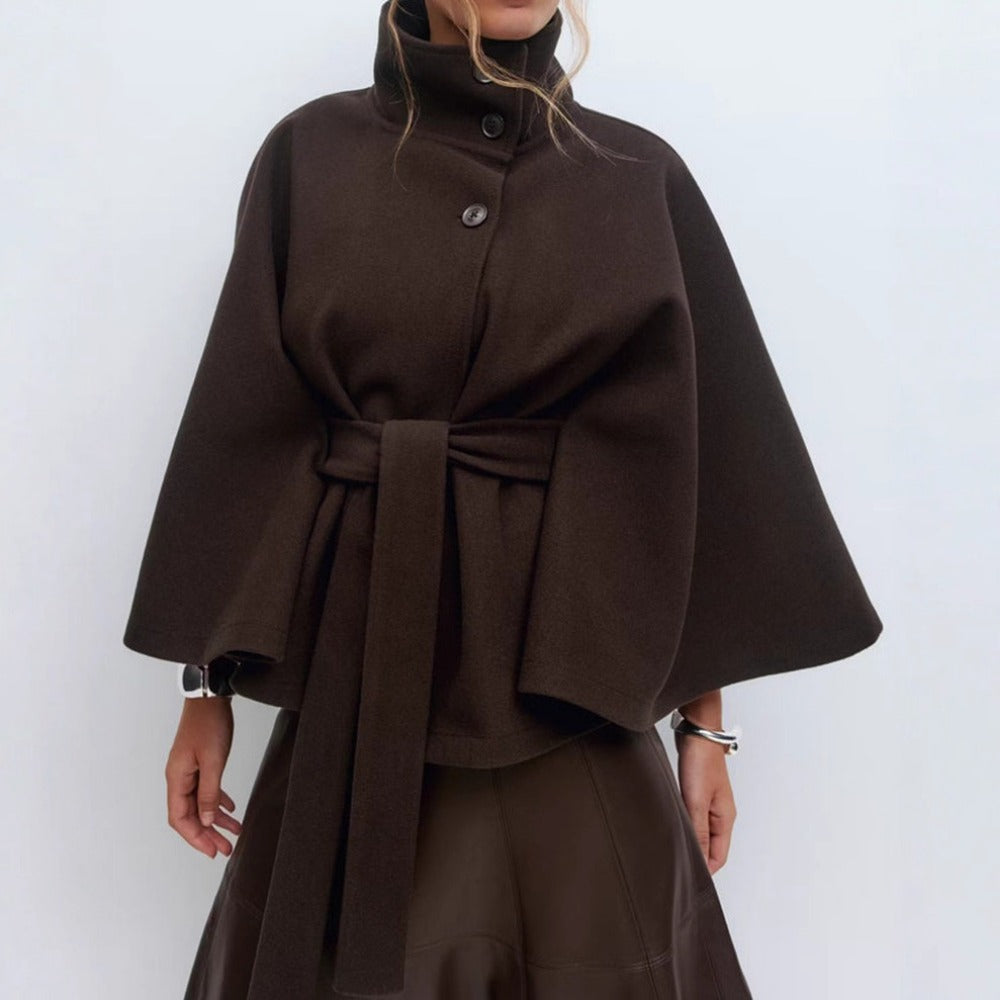 Women's belted cape coat with high collar and button front