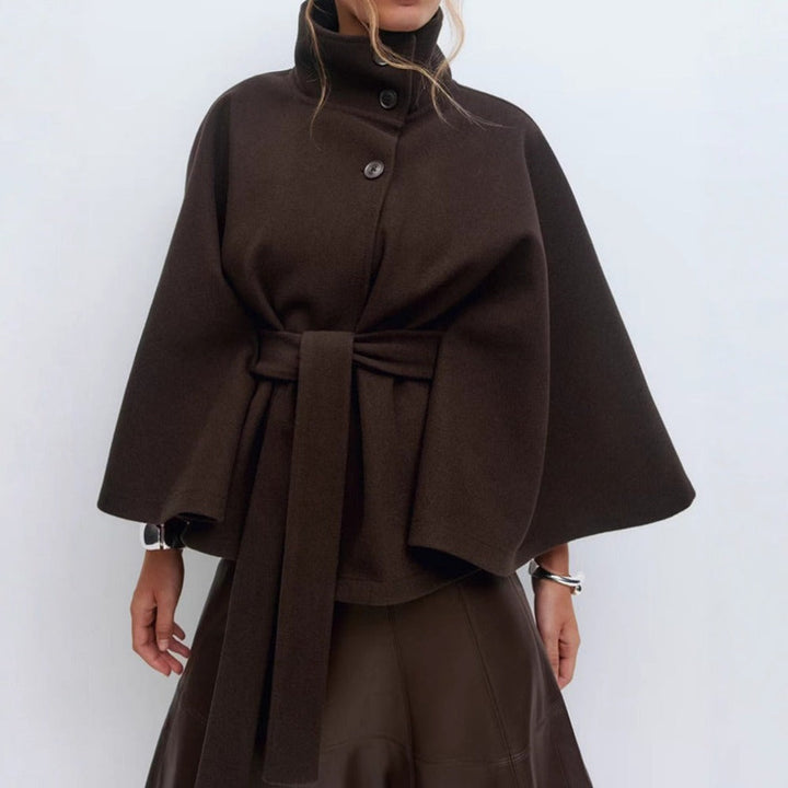 Women's belted cape coat with high collar and button front