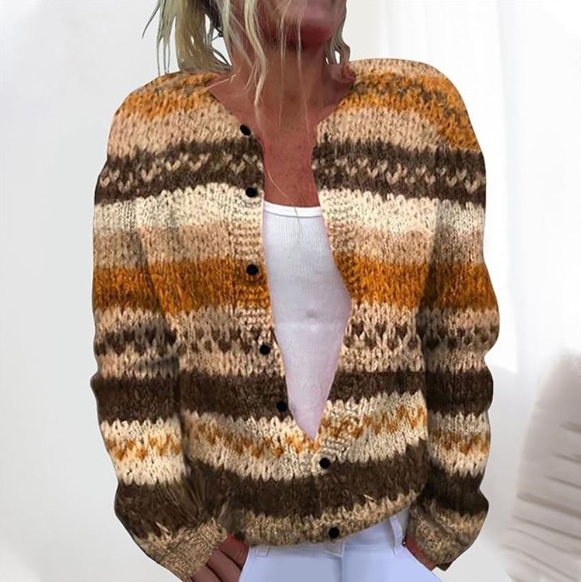 Women's brown striped button cardigan with crew neckline and long sleeves