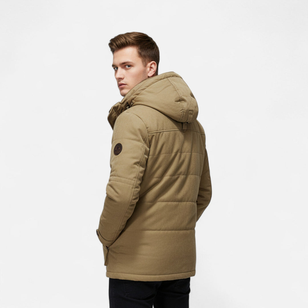 Men's hooded quilted parka jacket with multiple pockets and layered front closure