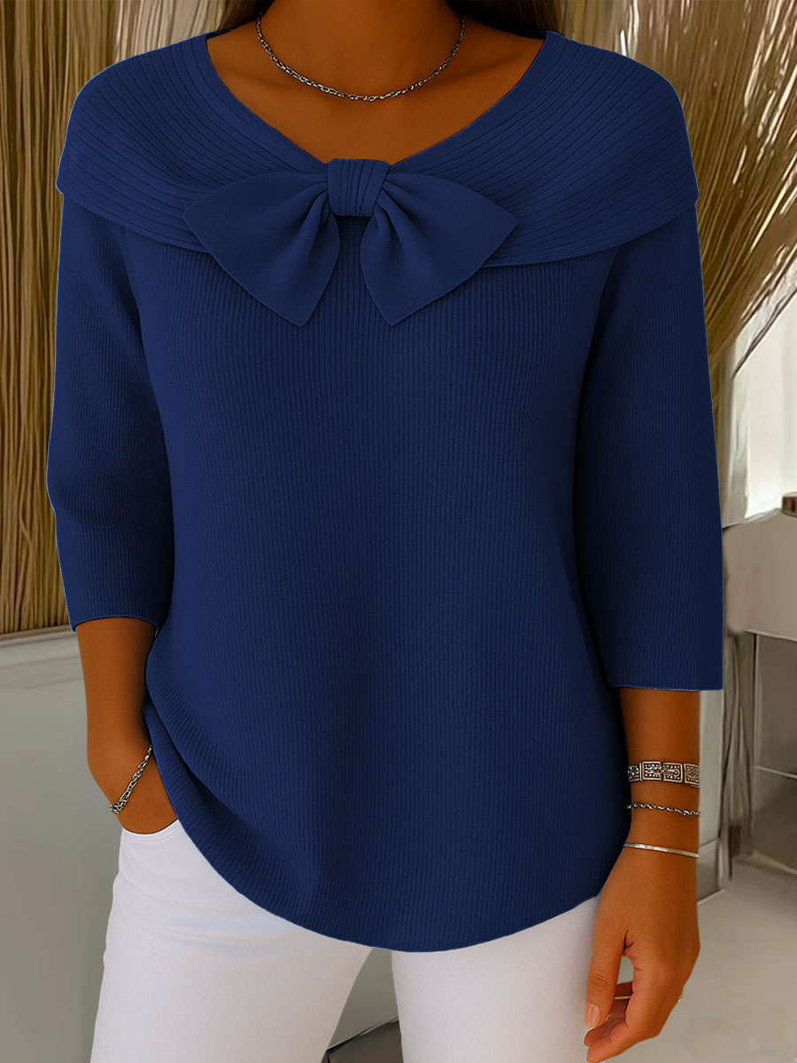 Women's ribbed sweater with round neck, 3/4 sleeves and centre bow detail