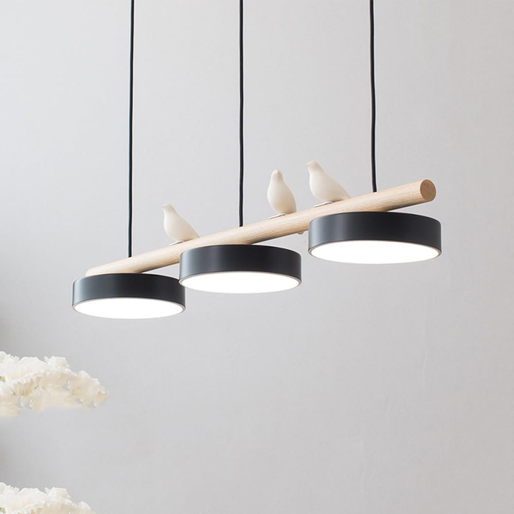 Three-lamp LED pendant light with wood-effect bar and bird details