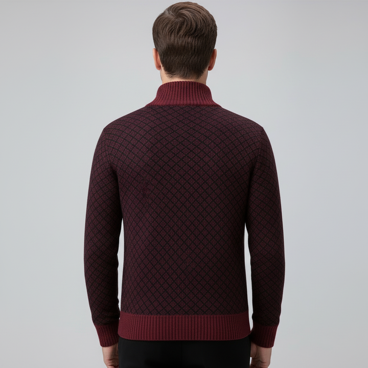 Long sleeve zip cardigan with diamond pattern and stand collar