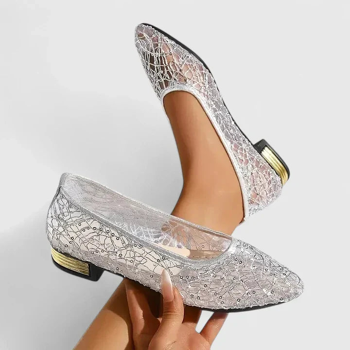 Dahlia | Women's Lace Pointed Toe Flats Gold Heel Detail