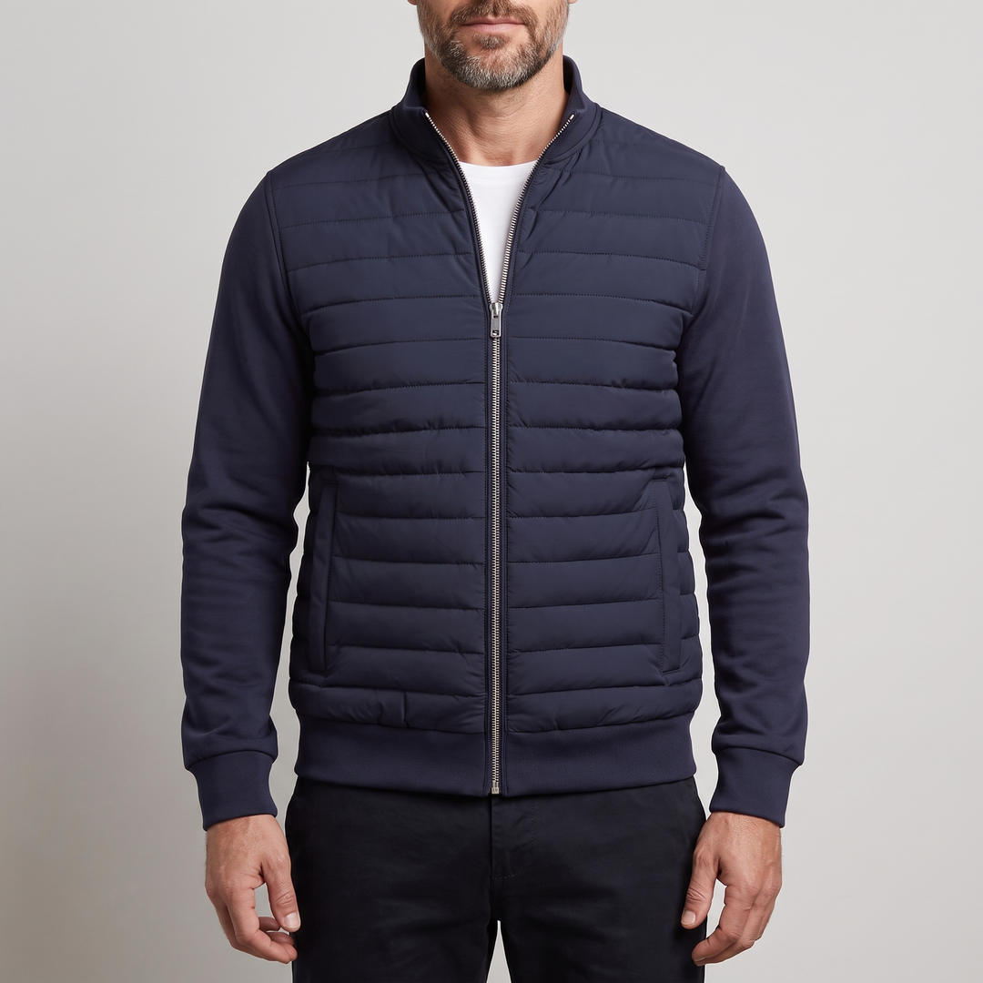 Men's hybrid puffer jacket with quilted front, stand collar and full zip
