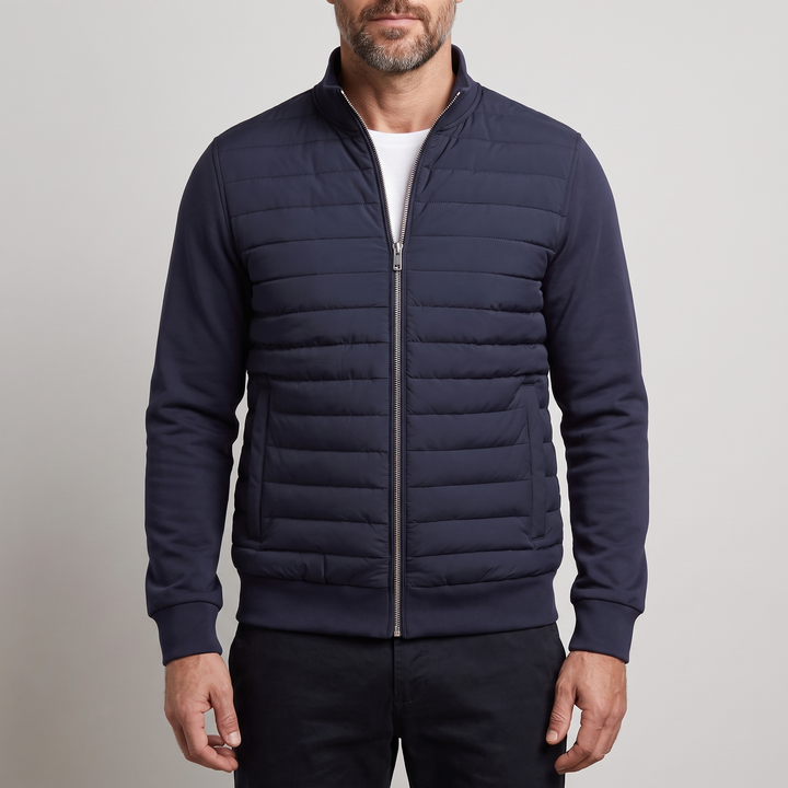 Men's hybrid puffer jacket with quilted front, stand collar and full zip