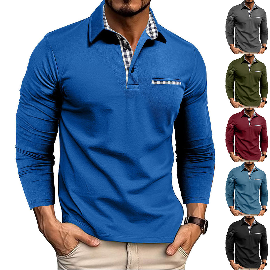 Long sleeve polo shirt with checked contrast collar and chest trim