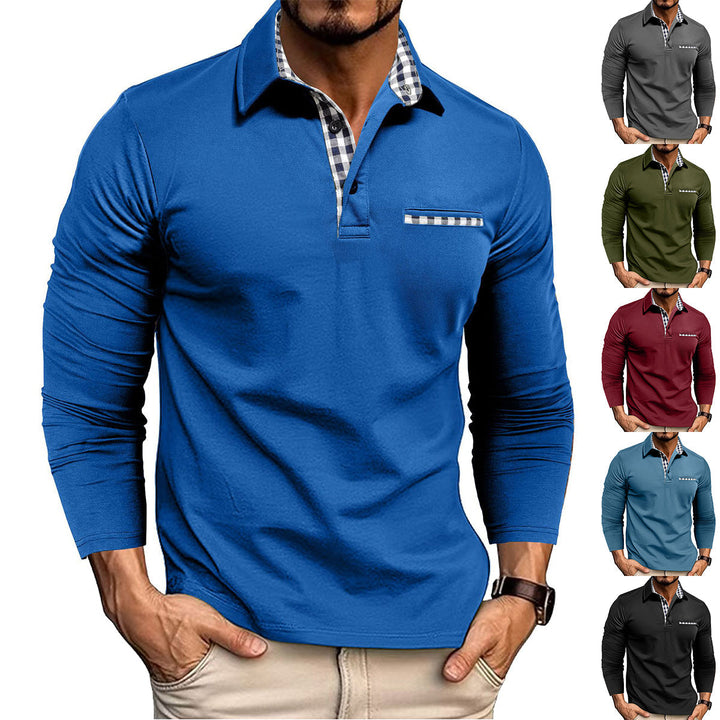 Long sleeve polo shirt with checked contrast collar and chest trim