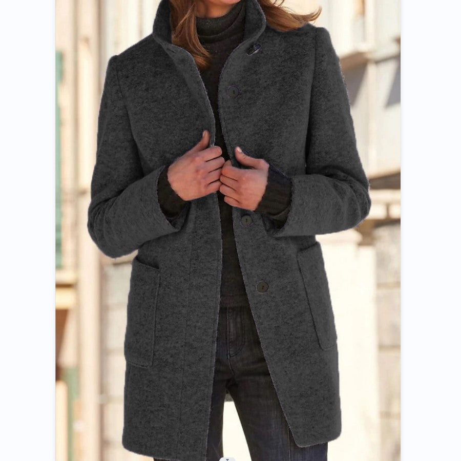 Women's mid-length button front coat with stand collar and patch pockets