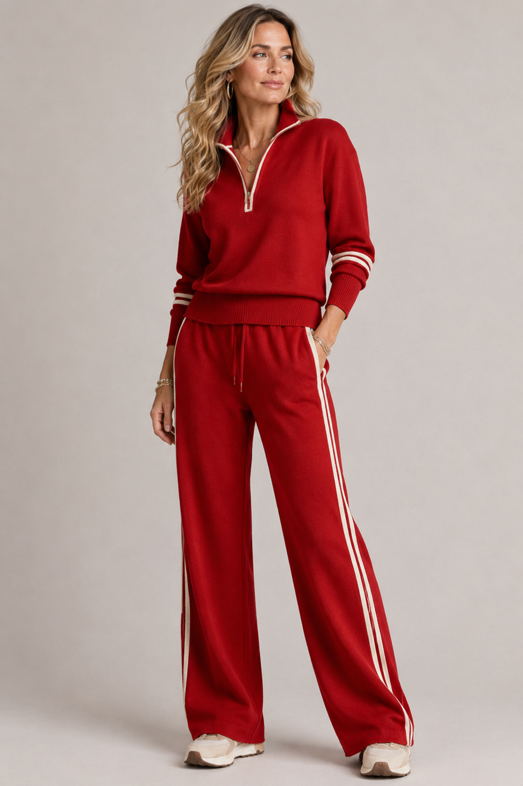 Women's zip sweater and wide-leg trouser set with contrast stripes