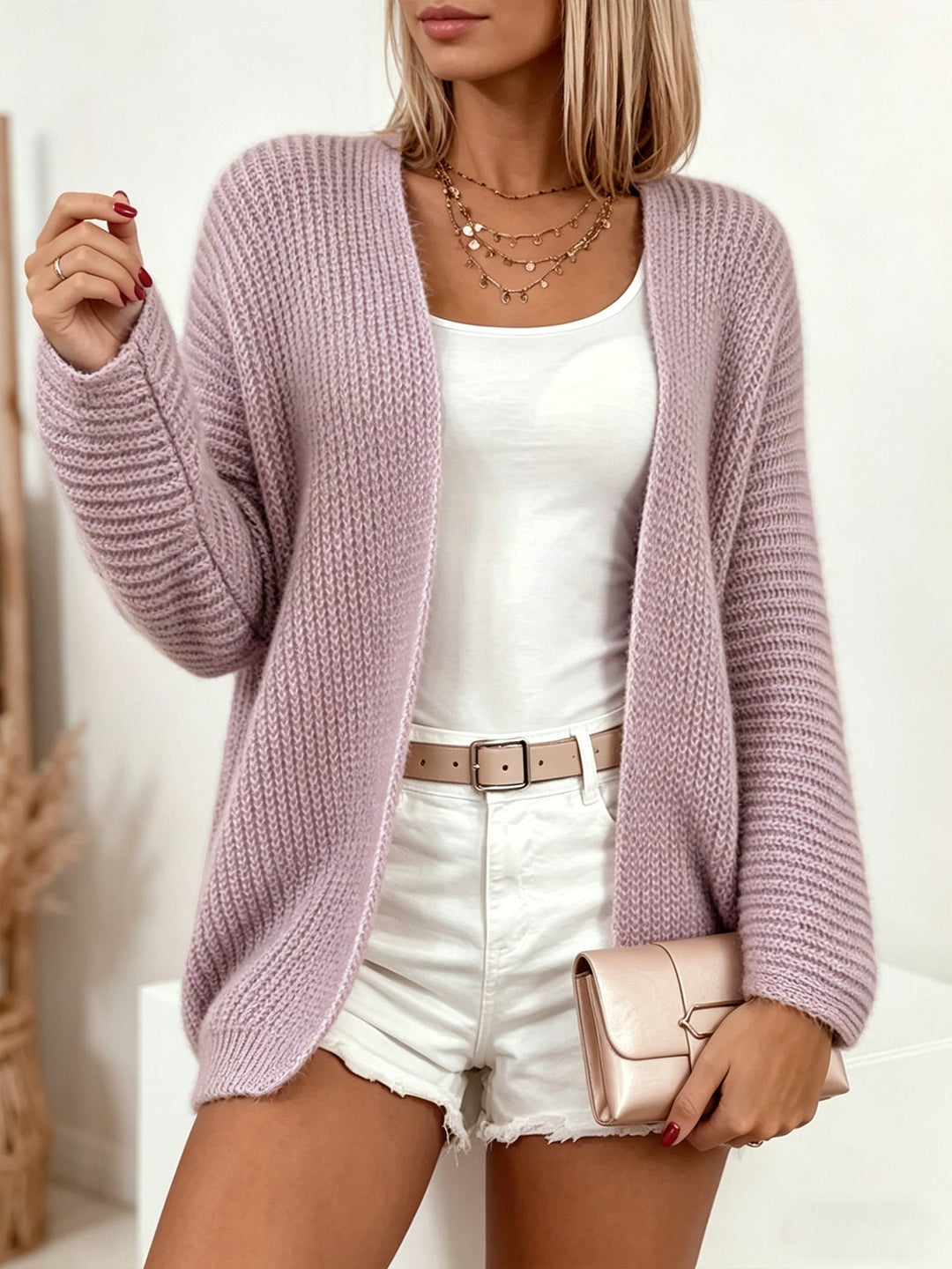 Women's oversized ribbed knit cardigan with open front and long sleeves