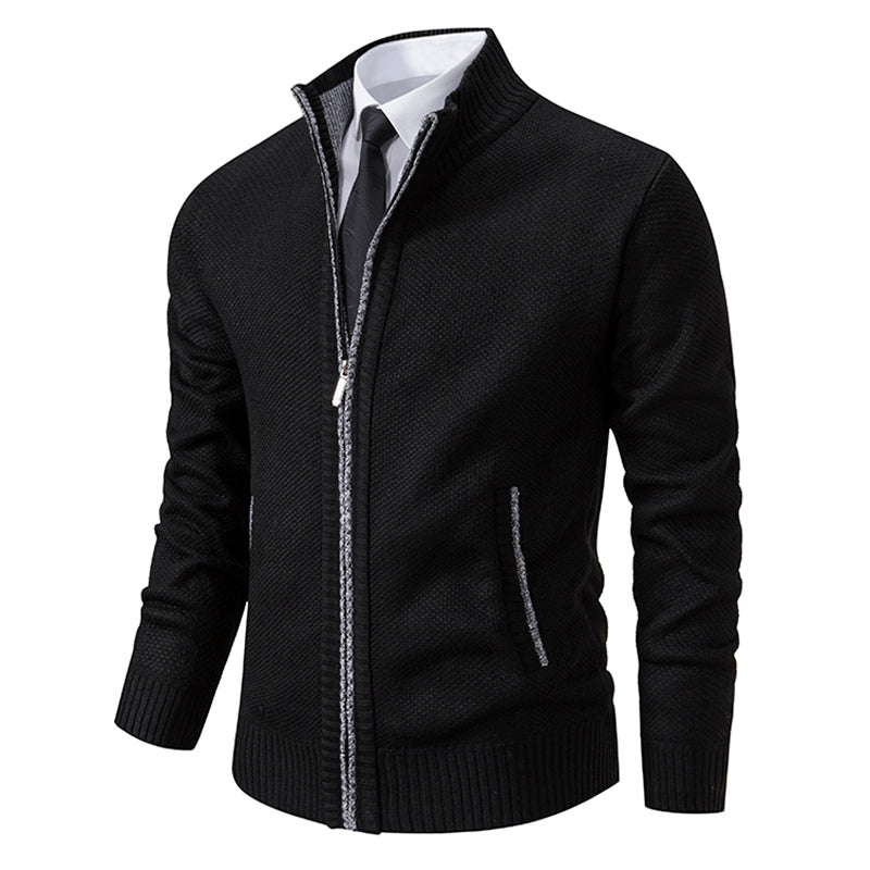 Men's textured zip cardigan with long sleeves, ribbed trims and hood