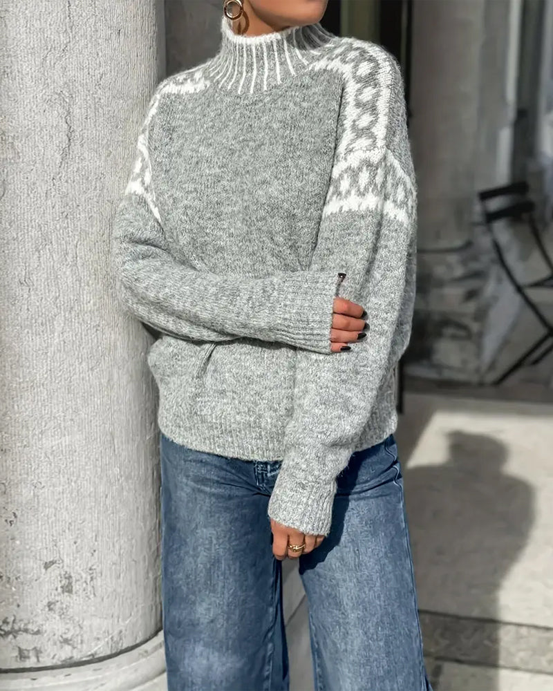 Women's gray sweater with white Nordic pattern, mock neck and long sleeves