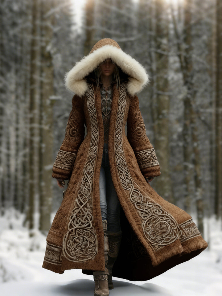 Women's embroidered hooded maxi winter coat with decorative trim