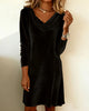 Women's velvet mini dress with draped cowl neckline and long sleeves