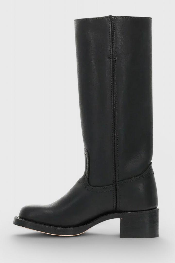 Tall pull-on boots with rounded toes and low block heels