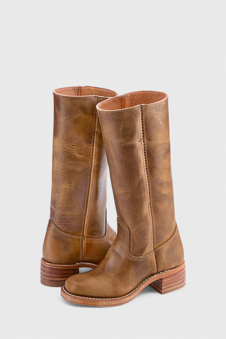 Tall pull-on boots with rounded toes and low block heels