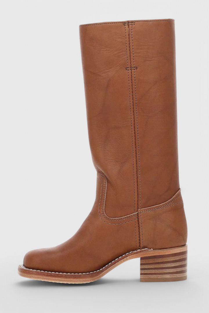 Tall pull-on boots with rounded toes and low block heels