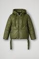 Women's cropped quilted hooded puffer jacket with long sleeves and front zipper