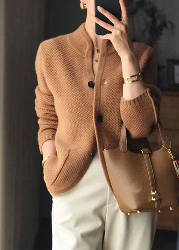 Women's textured knit button-front cardigan with long sleeves and patch pockets