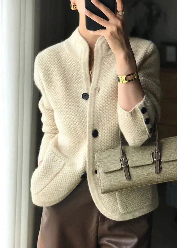 Women's textured knit button-front cardigan with long sleeves and patch pockets