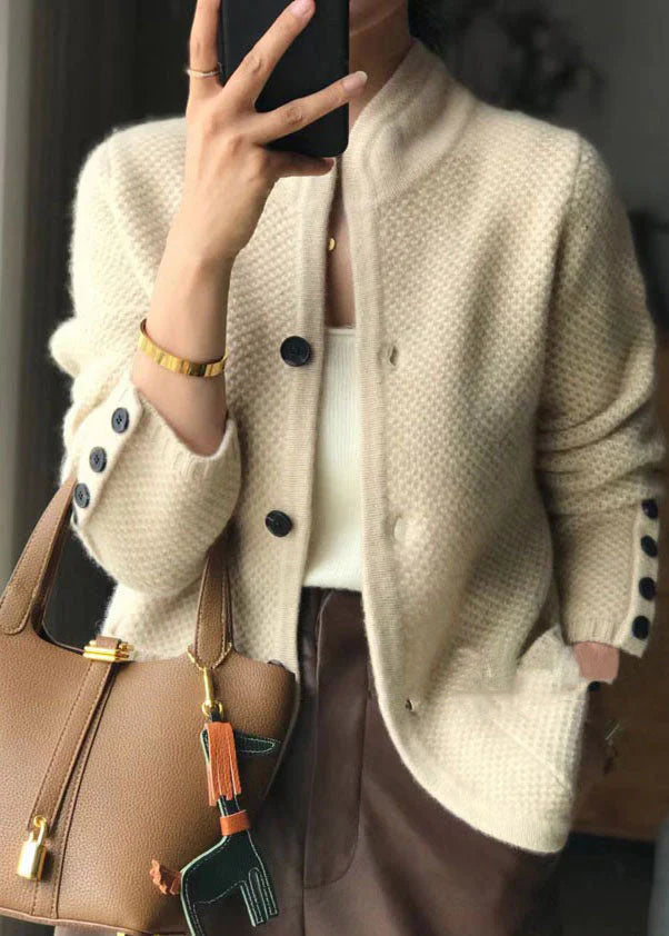 Women's textured knit button-front cardigan with long sleeves and patch pockets