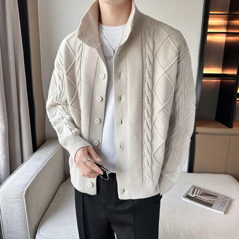 Men's cable knit button cardigan with mock neck and long sleeves