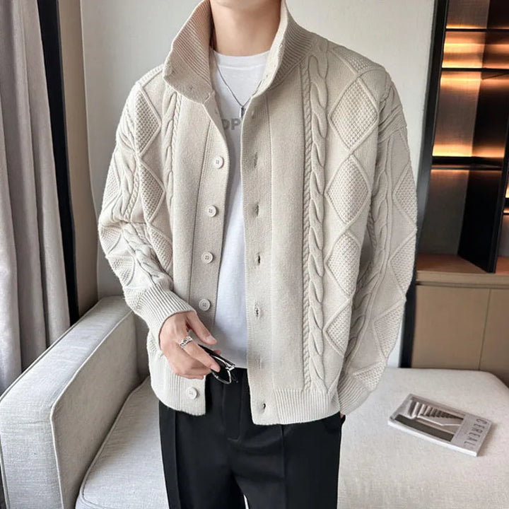Men's cable knit button cardigan with mock neck and long sleeves