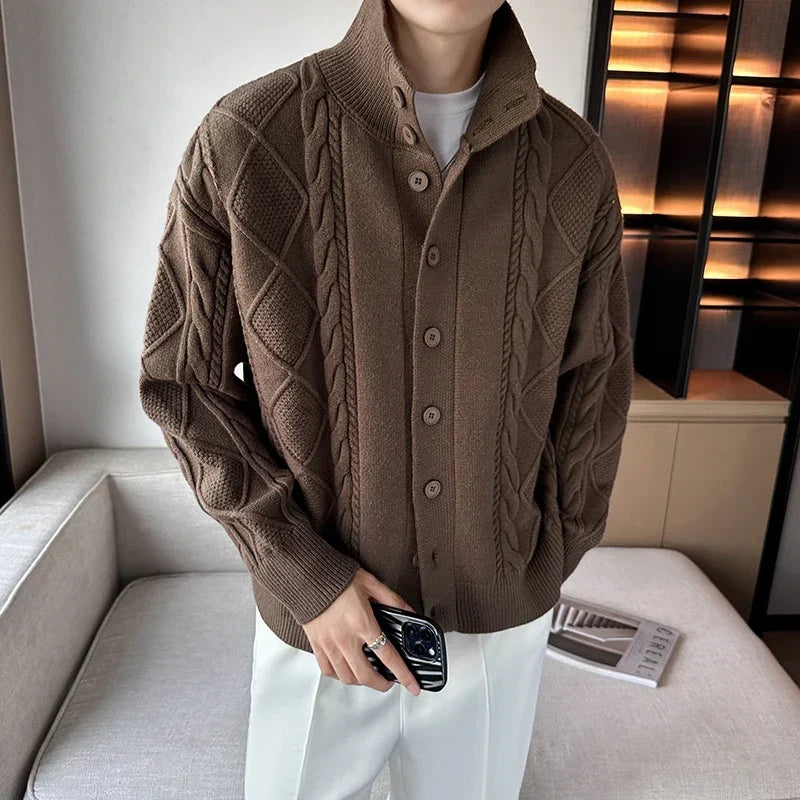 Men's cable knit button cardigan with mock neck and long sleeves