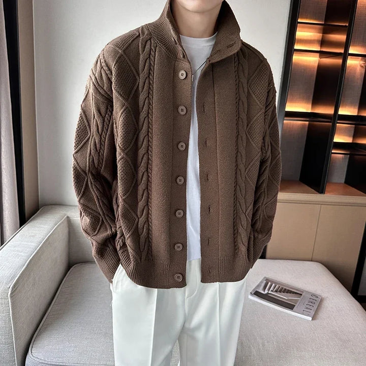Men's cable knit button cardigan with mock neck and long sleeves