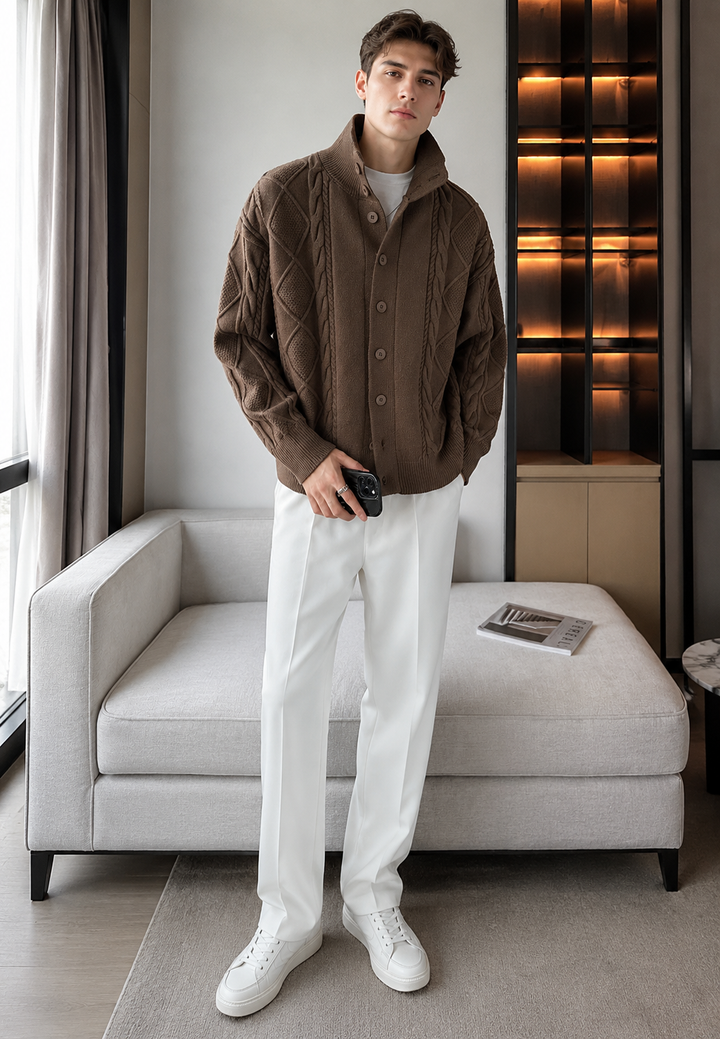 Men's cable knit button cardigan with mock neck and long sleeves