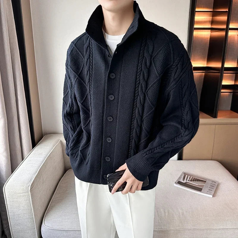Men's cable knit button cardigan with mock neck and long sleeves