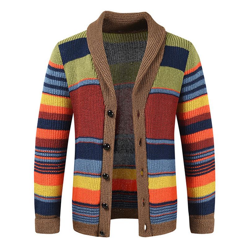Men's multicolor striped cardigan with shawl collar and button front