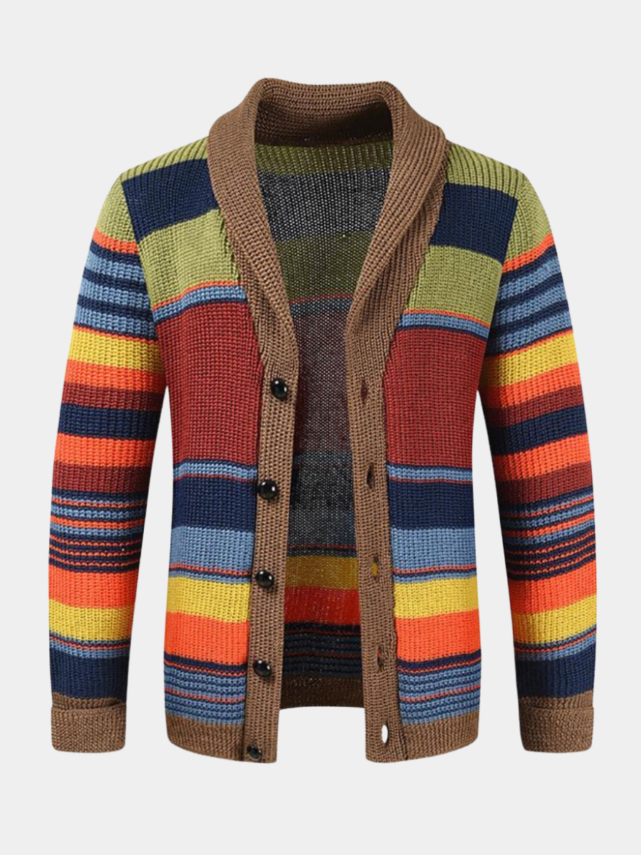 Men's multicolor striped cardigan with shawl collar and button front